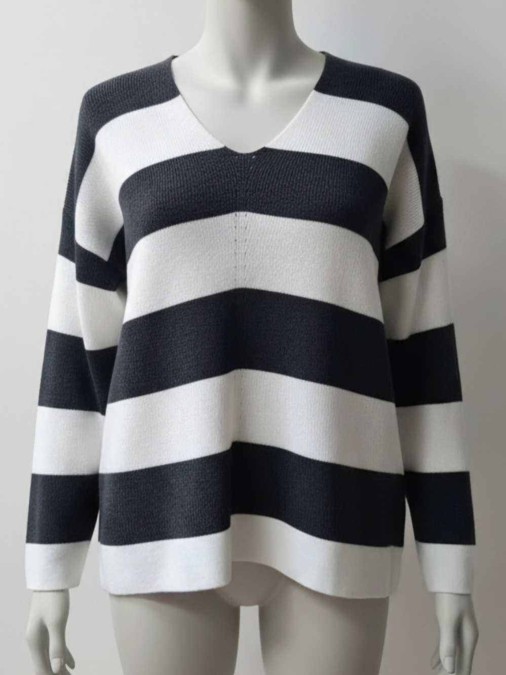 Reborn J Grey & White Striped V-Neck Sweater